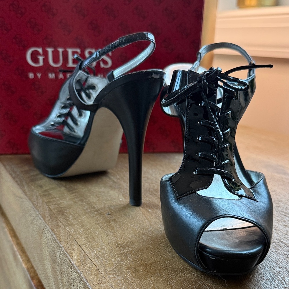 GUESS Black and Silver Peep Toe Heels
